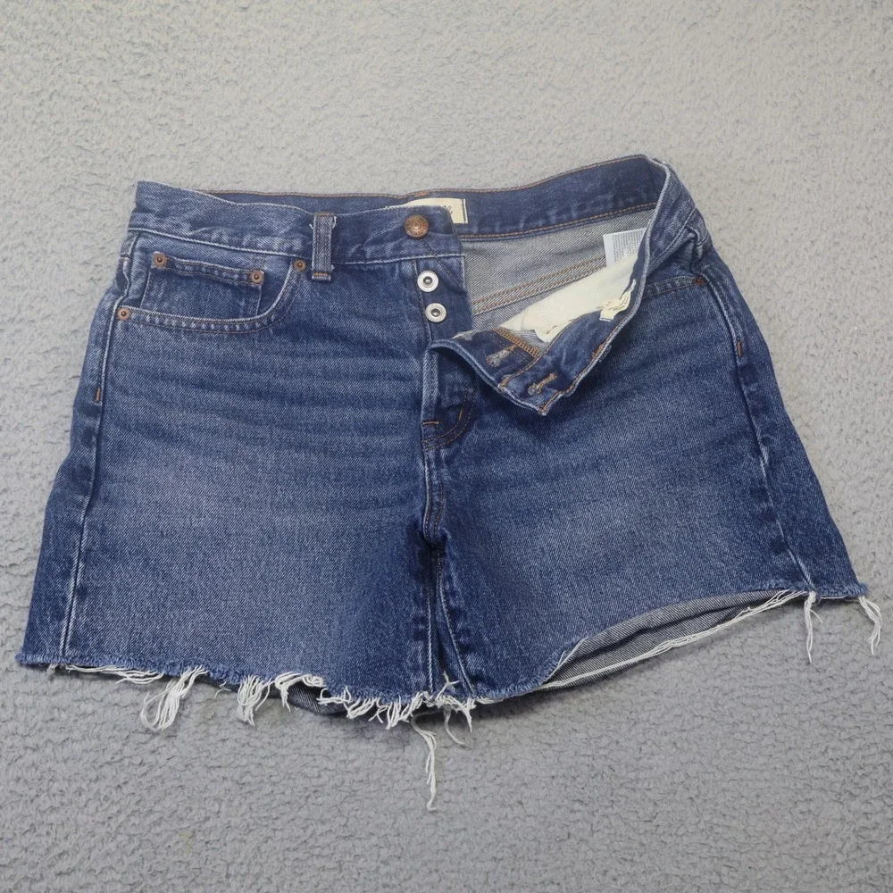Madewell The Brynn Long Short Blue Denim Raw Hem Button Fly Shorts Womens 26